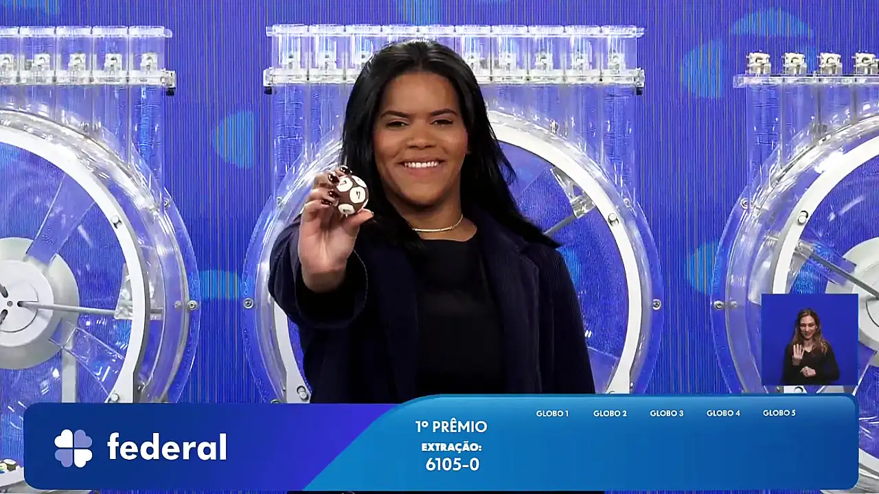 Garota da Sorte exibe bola ejetada do globo durante sorteio que formou o resultado completo de todos os prêmios do concurso 6105 da Loteria Federal, referente à Extração de quarta-feira, 30/09, com todas as dezenas de milhar do 1º, 2º, 3º, 4º, 5º prêmio, bem como premiações derivadas | Reprodução