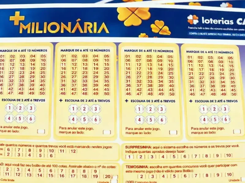 Imagem de volante de aposta da Caixa Loterias para ilustrar reportagem sobre o concurso 386 da +Milionária, com resultado dos números correspondentes ao sorteio desta quarta-feira, 02/09, bem como prêmios de todas as faixas de acerto, com análises econômicas, financeiras e lotéricas do somatório do total de apostas realizadas, com base na arrecadação da modalidade. | Enzo Carvalho/Folha do Leste