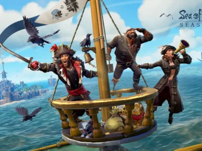 Tripulação pirata navega em Sea of Thieves durante a Temporada 21.
