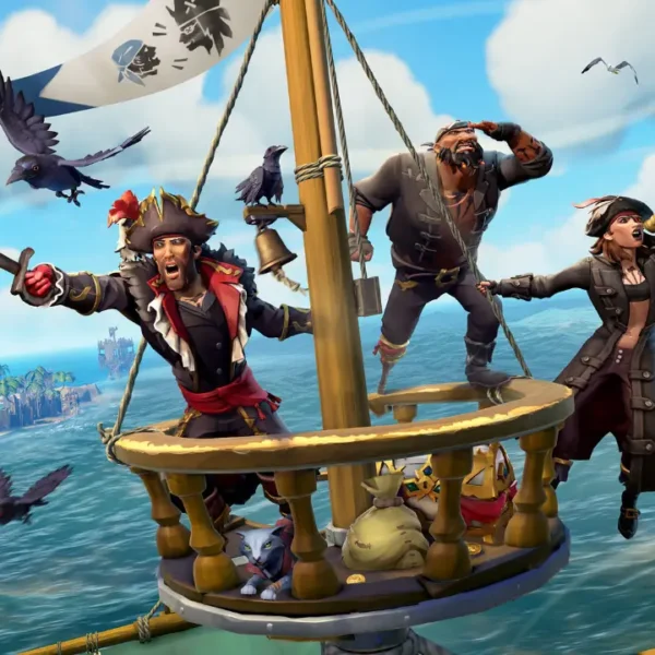 Tripulação pirata navega em Sea of Thieves durante a Temporada 21.