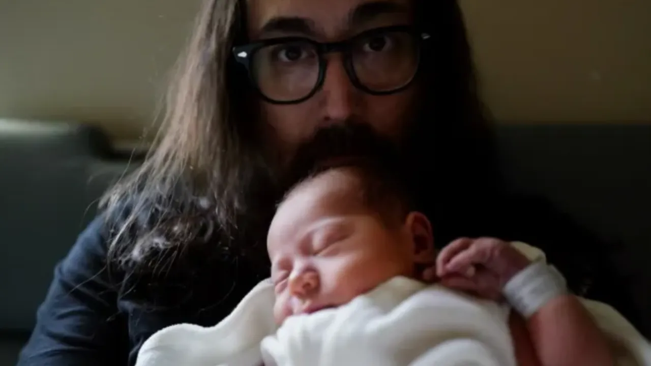 Homem de cabelos longos e óculos segura bebê recém-nascido adormecido no colo