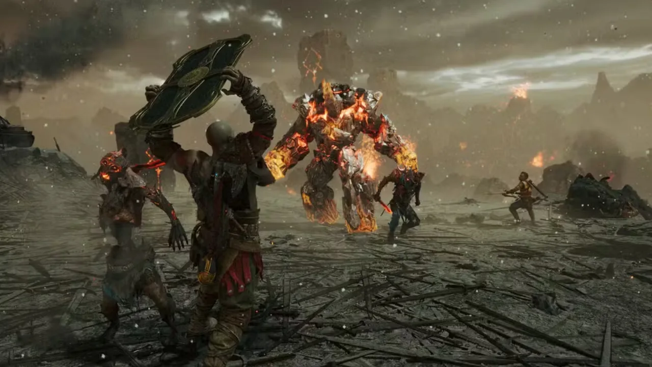 Kratos enfrenta criaturas em cenário de batalha de God of War Ragnarök. Kratos enfrenta criaturas em cenário de batalha de God of War Ragnarök.