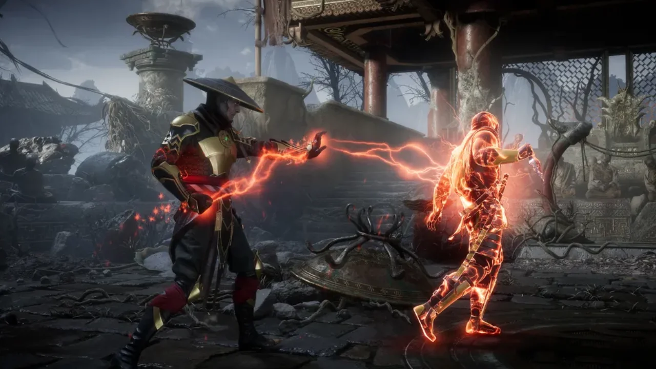 Raiden ataca adversário com eletricidade em cena de Mortal Kombat 11. Raiden ataca adversário com eletricidade em cena de Mortal Kombat 11.