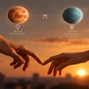 Duas mãos se aproximam diante do pôr do sol, com representações de Vênus em Escorpião e Urano retrógrado em Gêmeos.