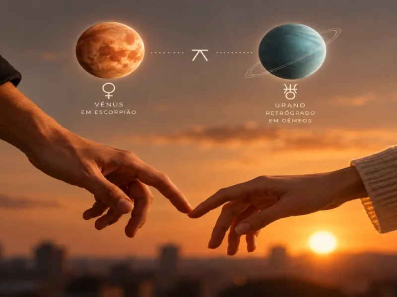 Duas mãos se aproximam diante do pôr do sol, com representações de Vênus em Escorpião e Urano retrógrado em Gêmeos.
