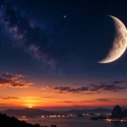 Lua crescente aparece sobre o céu estrelado ao amanhecer, com o horizonte iluminado entre montanhas e o mar.