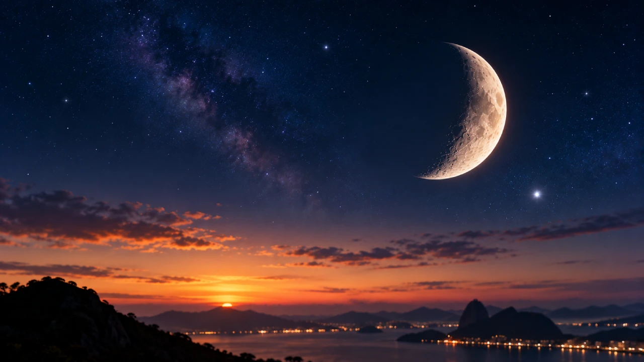 Lua crescente aparece sobre o céu estrelado ao amanhecer, com o horizonte iluminado entre montanhas e o mar.