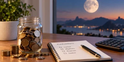 Moedas, calculadora e caderno de planejamento financeiro sobre uma mesa, com a Lua ao fundo.