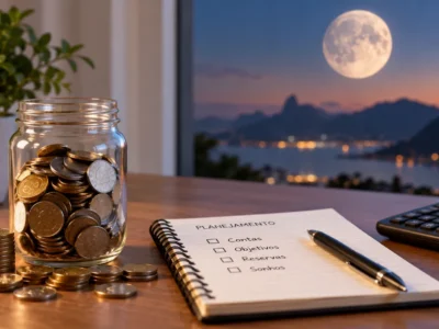 Moedas, calculadora e caderno de planejamento financeiro sobre uma mesa, com a Lua ao fundo.