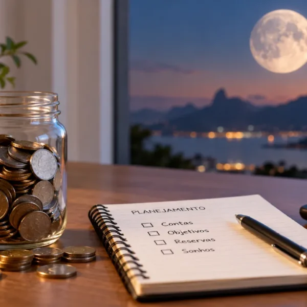 Moedas, calculadora e caderno de planejamento financeiro sobre uma mesa, com a Lua ao fundo.