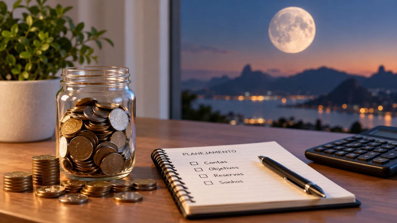 Moedas, calculadora e caderno de planejamento financeiro sobre uma mesa, com a Lua ao fundo. Moedas, calculadora e caderno de planejamento financeiro sobre uma mesa, com a Lua ao fundo.