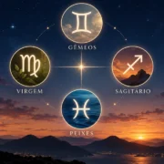 Gêmeos, Virgem, Sagitário e Peixes aparecem conectados em ilustração sobre os signos mutáveis e a cruz mutável do zodíaco