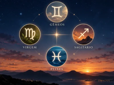 Gêmeos, Virgem, Sagitário e Peixes aparecem conectados em ilustração sobre os signos mutáveis e a cruz mutável do zodíaco