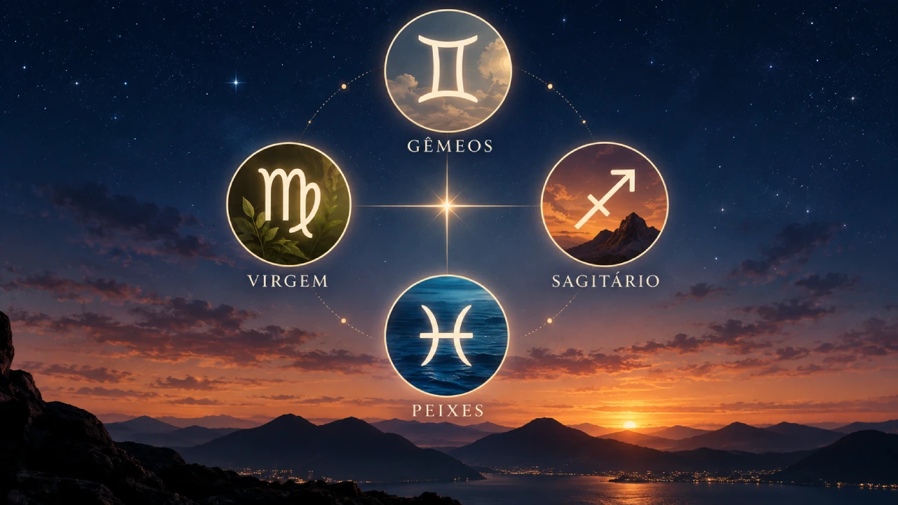 Gêmeos, Virgem, Sagitário e Peixes aparecem conectados em ilustração sobre os signos mutáveis e a cruz mutável do zodíaco