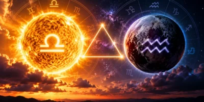 Representação do Sol em Libra e Plutão em Aquário ligados pelo aspecto de trígono.