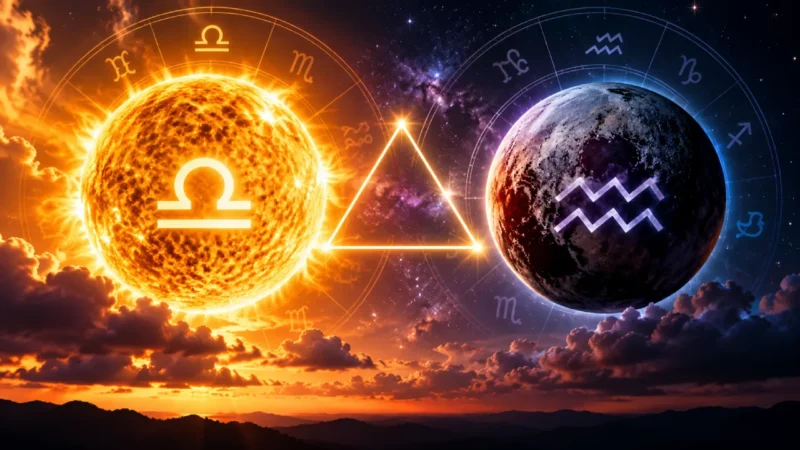 Representação do Sol em Libra e Plutão em Aquário ligados pelo aspecto de trígono.