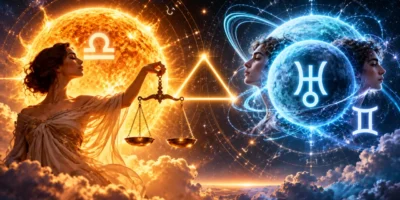 Sol em Libra e Urano em Gêmeos conectados por trígono em ilustração astrológica.