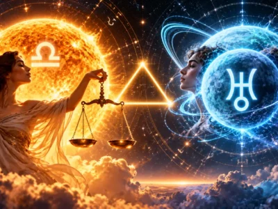 Sol em Libra e Urano em Gêmeos conectados por trígono em ilustração astrológica.