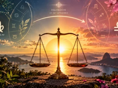 Balança de Libra diante do nascer do Sol, com símbolos de Virgem e Libra representando a mudança de ciclo no zodíaco.