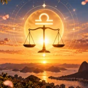 Símbolo de Libra e balança diante do Sol sobre paisagem litorânea ao entardecer.