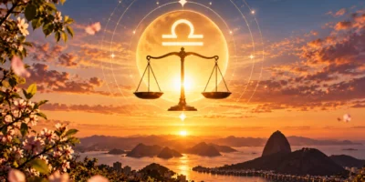 Símbolo de Libra e balança diante do Sol sobre paisagem litorânea ao entardecer.
