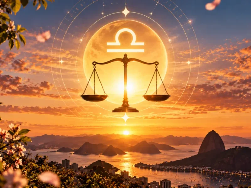 Símbolo de Libra e balança diante do Sol sobre paisagem litorânea ao entardecer.