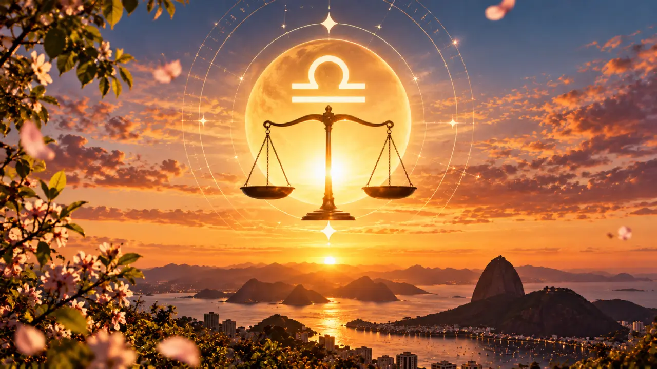 Símbolo de Libra e balança diante do Sol sobre paisagem litorânea ao entardecer. Símbolo de Libra e balança diante do Sol sobre paisagem litorânea ao entardecer.