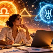 Mulher trabalhando com notebook sob símbolos do Sol em Libra e Urano em Gêmeos, com gráficos e elementos financeiros.