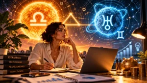 Mulher trabalhando com notebook sob símbolos do Sol em Libra e Urano em Gêmeos, com gráficos e elementos financeiros.