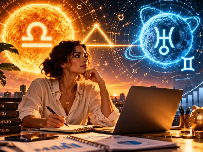 Mulher trabalhando com notebook sob símbolos do Sol em Libra e Urano em Gêmeos, com gráficos e elementos financeiros.