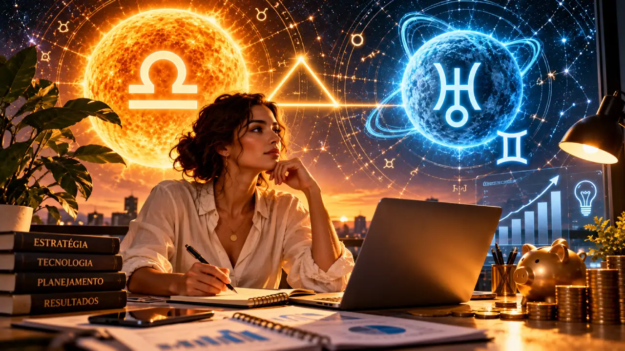 Mulher trabalhando com notebook sob símbolos do Sol em Libra e Urano em Gêmeos, com gráficos e elementos financeiros.