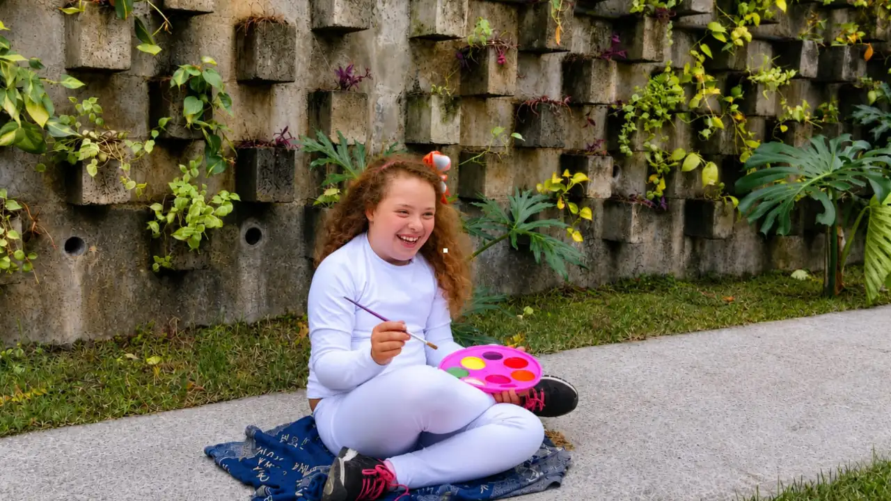 Stella Barbosa Moraes, de 9 anos, apresenta uma das pinturas de sua produção artística em Niterói