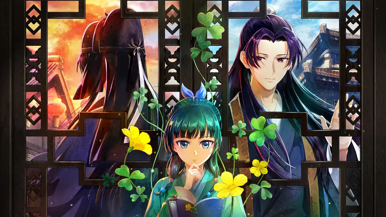 Maomao aparece entre flores diante de personagens de The Apothecary Diaries: The False Imperial Brother. Maomao aparece entre flores diante de personagens de The Apothecary Diaries: The False Imperial Brother.