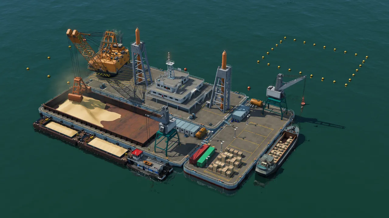 Porto industrial com navios e guindastes em Transport Fever 3 Porto industrial com navios e guindastes em Transport Fever 3