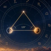 Ilustração de mapa zodiacal mostra um ângulo de 120 graus entre corpos celestes, representando o trígono na astrologia.