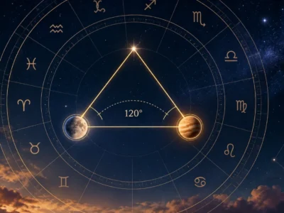 Ilustração de mapa zodiacal mostra um ângulo de 120 graus entre corpos celestes, representando o trígono na astrologia.