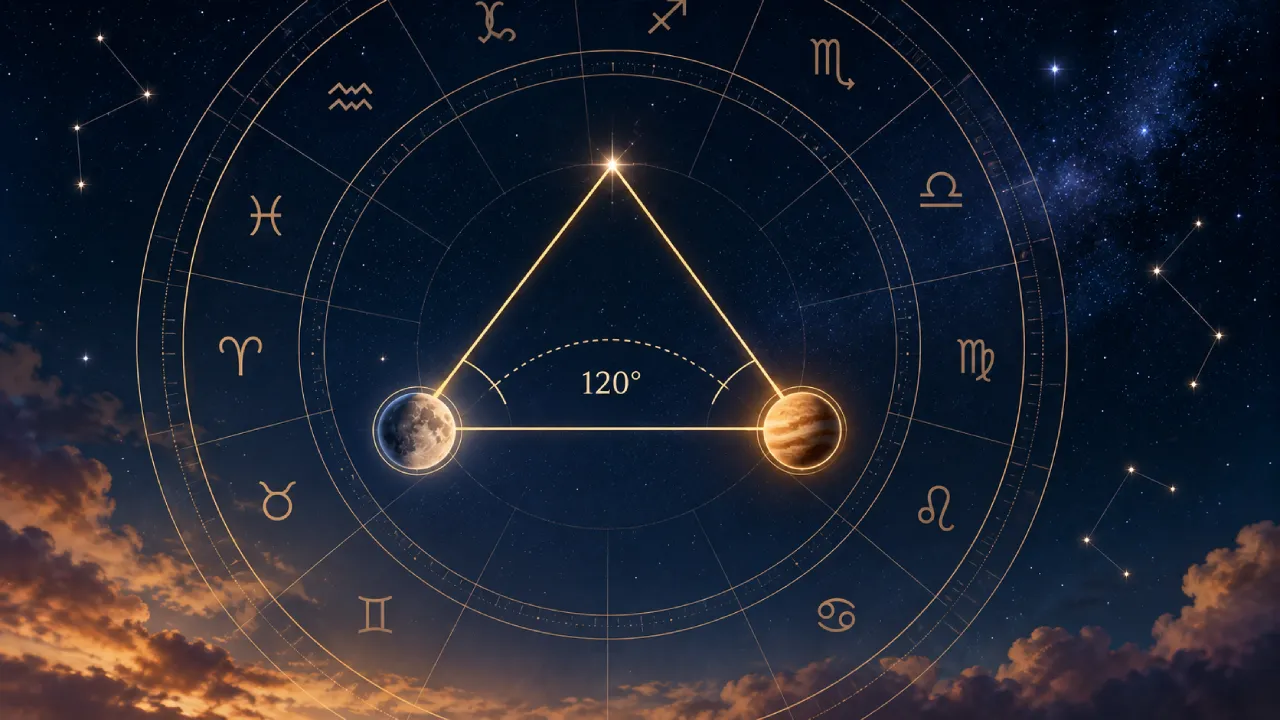 Ilustração de mapa zodiacal mostra um ângulo de 120 graus entre corpos celestes, representando o trígono na astrologia. Ilustração de mapa zodiacal mostra um ângulo de 120 graus entre corpos celestes, representando o trígono na astrologia.