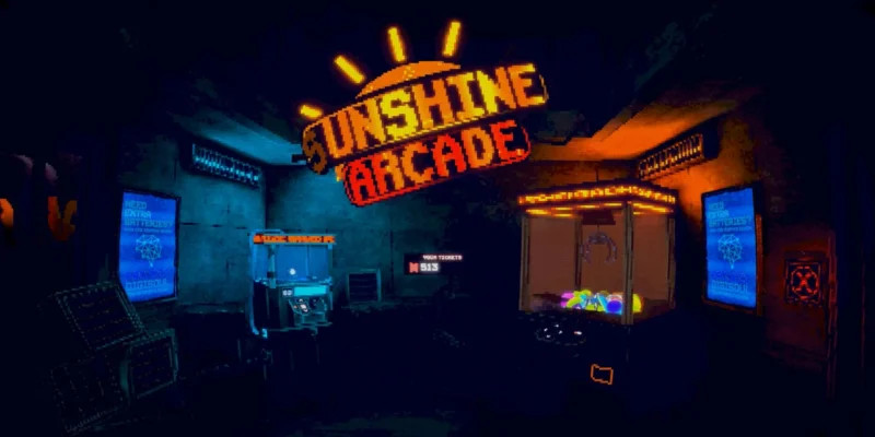 Cenário de Unshine Arcade com máquinas de fliperama