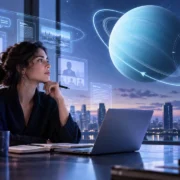 Mulher diante de laptop observa Urano e o símbolo de Gêmeos em ilustração sobre Urano retrógrado em Gêmeos em 2026