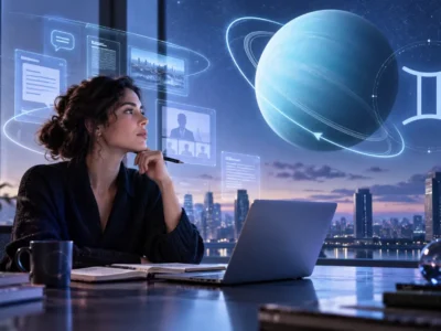 Mulher diante de laptop observa Urano e o símbolo de Gêmeos em ilustração sobre Urano retrógrado em Gêmeos em 2026