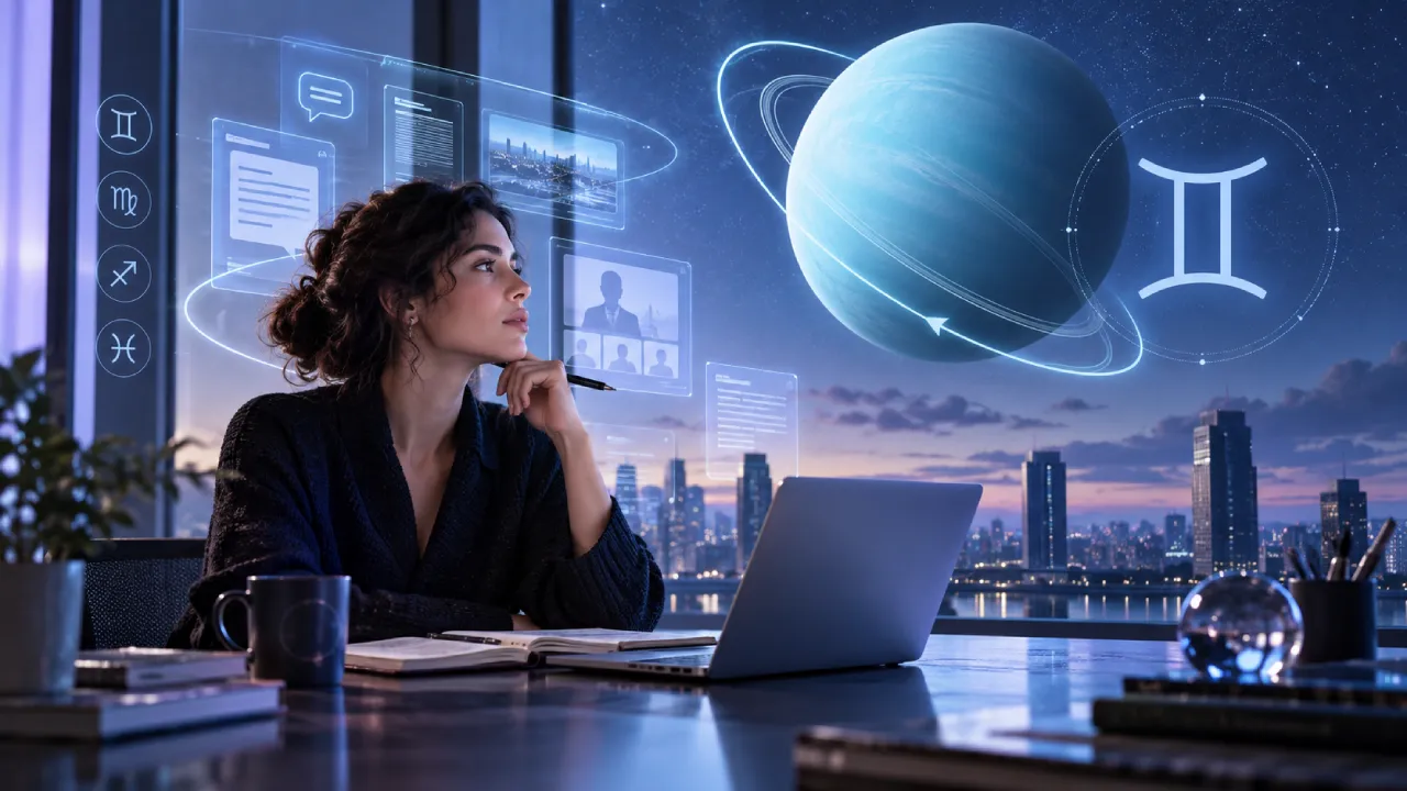 Mulher diante de laptop observa Urano e o símbolo de Gêmeos em ilustração sobre Urano retrógrado em Gêmeos em 2026