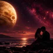 Casal em silhueta diante do mar sob céu estrelado com Vênus e símbolo de Escorpião, em referência ao trânsito de Vênus em Escorpião