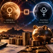 Vênus e Plutão aparecem em tensão sobre moedas, cofrinho e gráficos financeiros, com Touro, Leão, Escorpião e Aquário em destaque