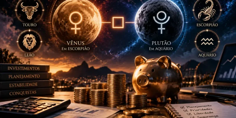 Vênus e Plutão aparecem em tensão sobre moedas, cofrinho e gráficos financeiros, com Touro, Leão, Escorpião e Aquário em destaque