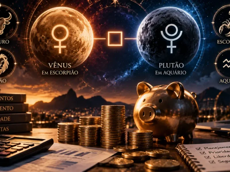Vênus e Plutão aparecem em tensão sobre moedas, cofrinho e gráficos financeiros, com Touro, Leão, Escorpião e Aquário em destaque