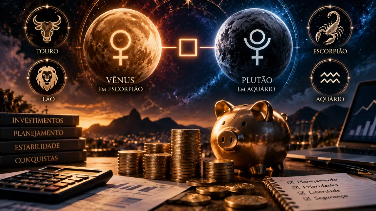 Vênus e Plutão aparecem em tensão sobre moedas, cofrinho e gráficos financeiros, com Touro, Leão, Escorpião e Aquário em destaque