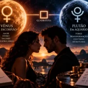 Casal frente a frente sob Vênus em Escorpião e Plutão em Aquário, com símbolos de amor, dinheiro, limites e poder