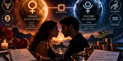 Casal frente a frente sob Vênus em Escorpião e Plutão em Aquário, com símbolos de amor, dinheiro, limites e poder