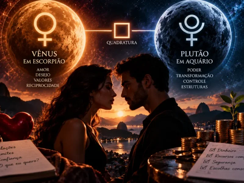 Casal frente a frente sob Vênus em Escorpião e Plutão em Aquário, com símbolos de amor, dinheiro, limites e poder