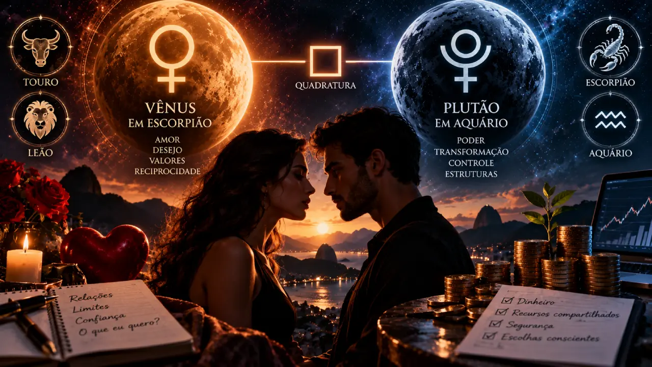 Casal frente a frente sob Vênus em Escorpião e Plutão em Aquário, com símbolos de amor, dinheiro, limites e poder Casal frente a frente sob Vênus em Escorpião e Plutão em Aquário, com símbolos de amor, dinheiro, limites e poder
